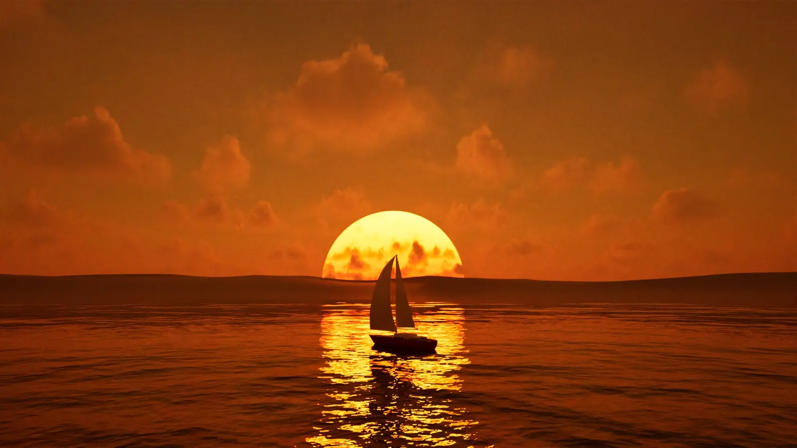 Filmisk 3D-render af sejlbåd i solnedgang