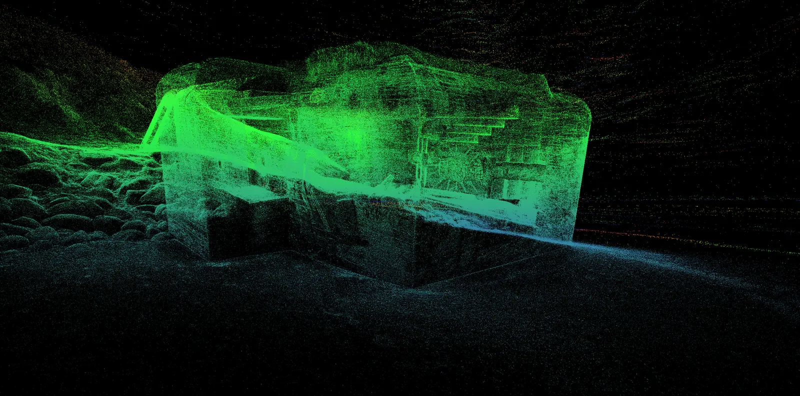 Farvet LiDAR-punktsky af et rum, brugt som grundlag for virtual production