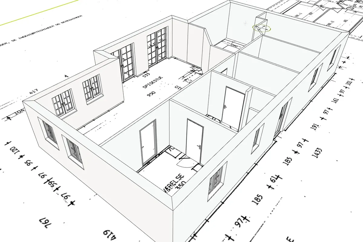 Arkitektonisk 3D-plantegning lagt oven på blueprint