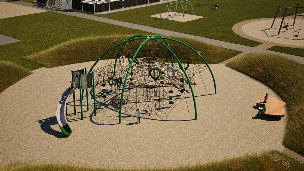 3D-visualisering af klatredome i legeplads-landskab