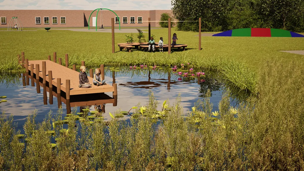 3D-render af sø og bro